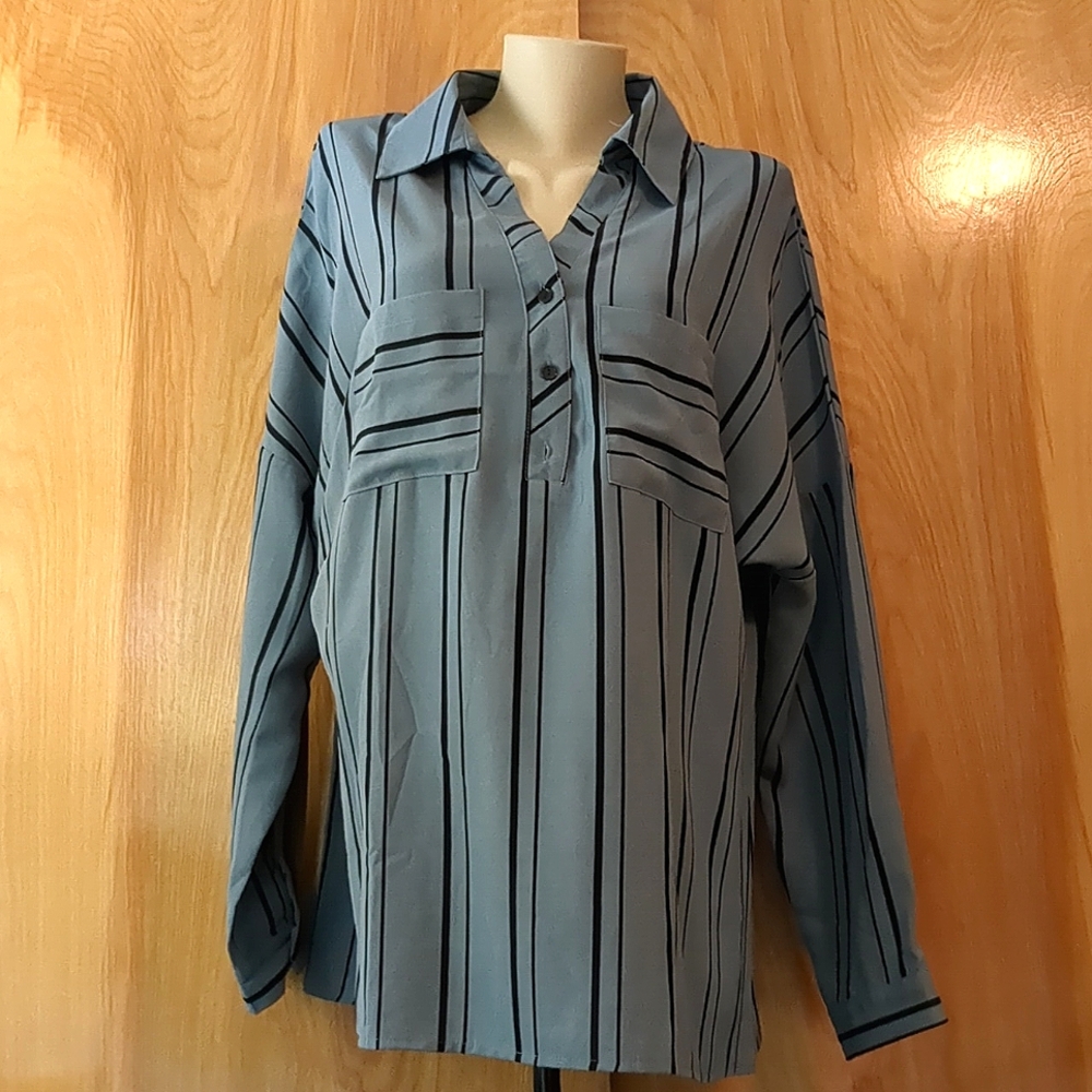 One Quarter Button Down slate Blue and Black Striped Blouse